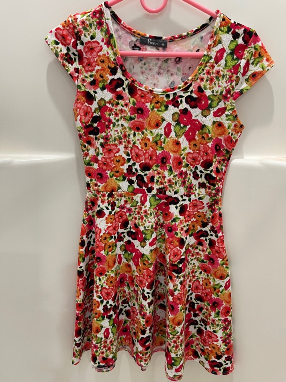 Floral Scoop Neck Skater Dress in Pink & Orange